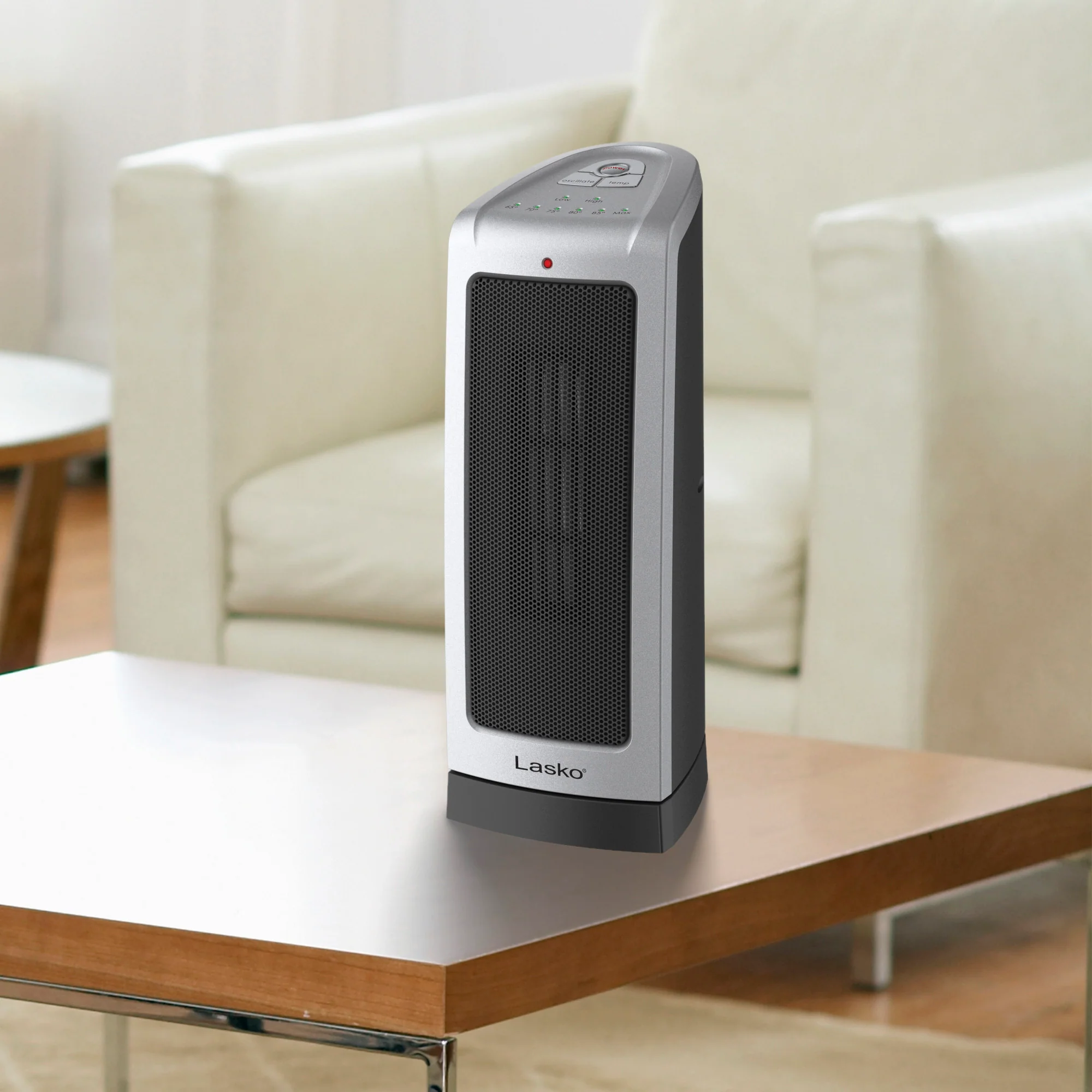 Lasko 1500W Oscillating Ceramic Tower Space Heater with Adjustable Thermostat, 2-Speeds, 5309, Silver - Image 4