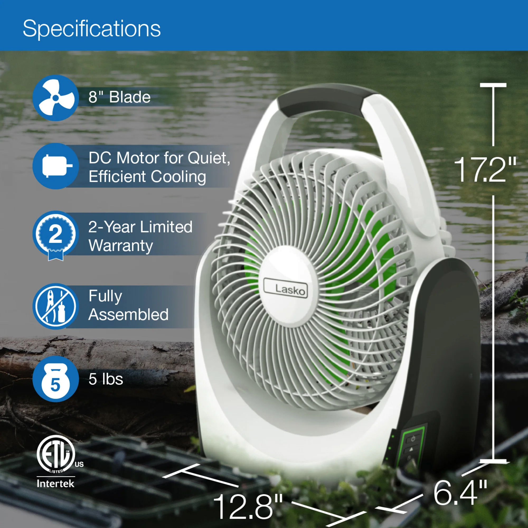 Lasko 17" 5-Speed Portable Battery Fan with 18V Lithium Ion Battery and Adapter, RB200, White - Image 6