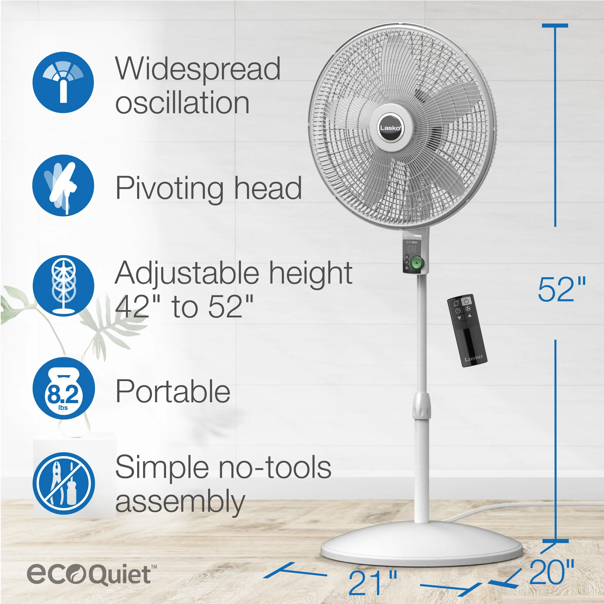 Lasko WhisperForce™ 18" 4-speed EcoQuiet DC Motor Pedestal Fan with Remote & Timer (white, model S18705) - Image 6