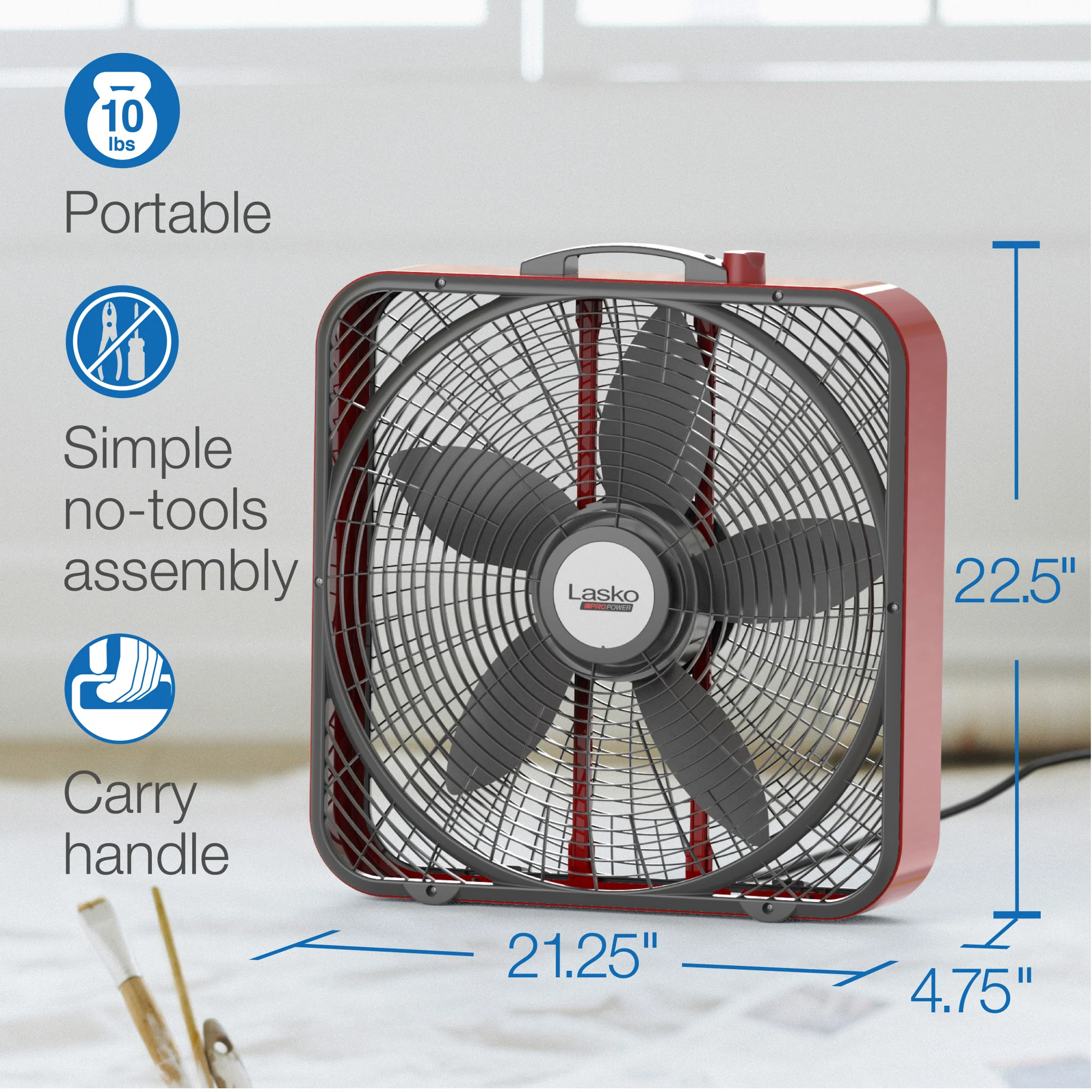 Lasko 20" 3-Speed Pro Power™ Industrial Grade Box Fan, B20548, Red - Image 6