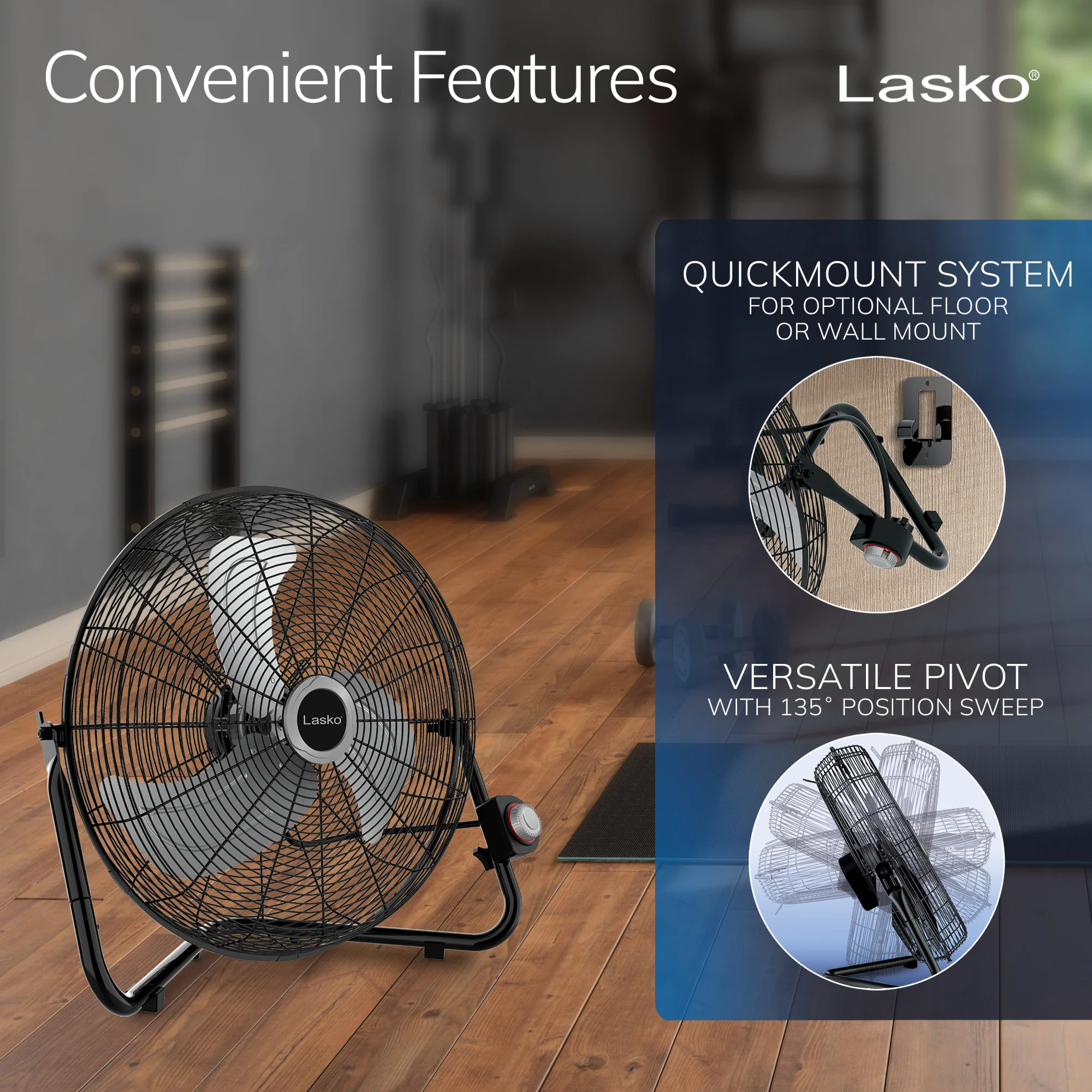 Lasko 20" Max Performance High Velocity Floor Fan with Wall Mount Option and 3 Speeds, 2264QM, Black - Image 5