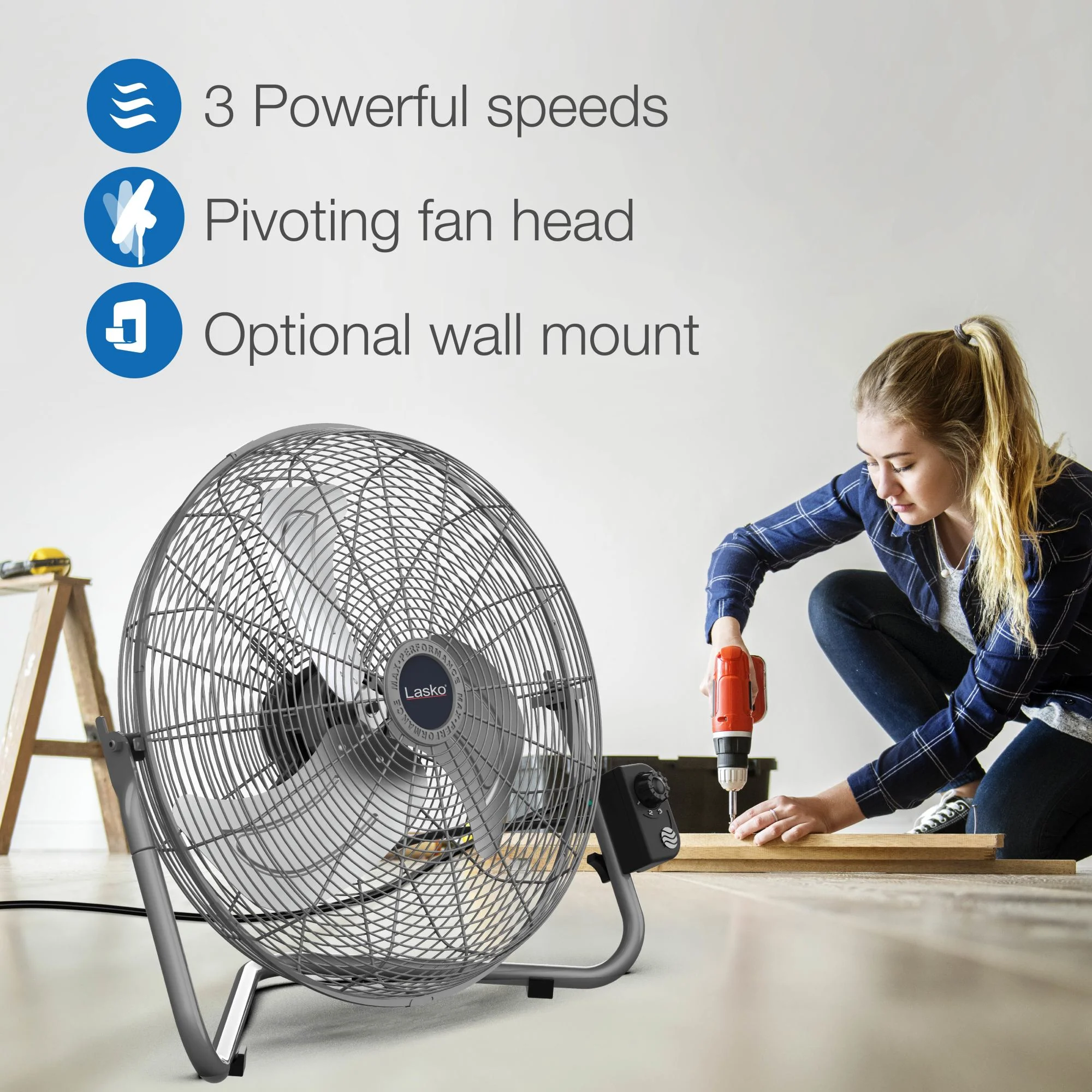 Lasko 20" Max Performance Pivoting High Velocity Floor Fan with Wall Mount Option, 2265QM, Silver - Image 4