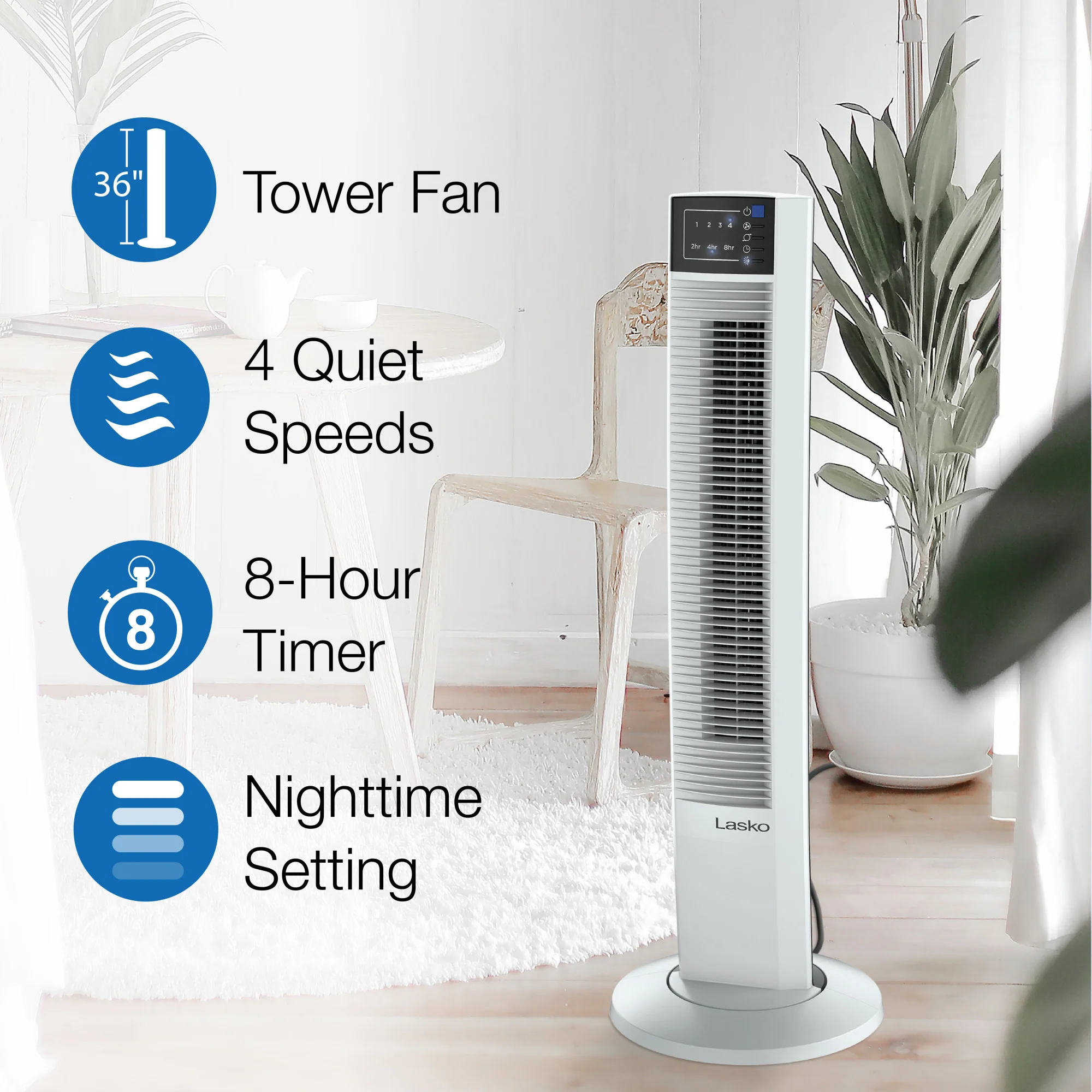 Lasko Wind Tower® 36" Tower Fan (4-speed, remote, timer, white) - Image 2