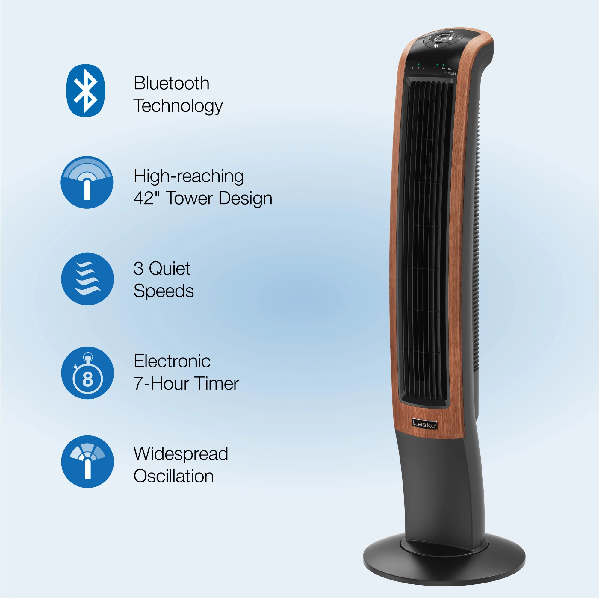 Lasko Wind Curve® 42" Tower Fan (3-speed, remote, timer, bluetooth, black/woodgrain) - Image 3