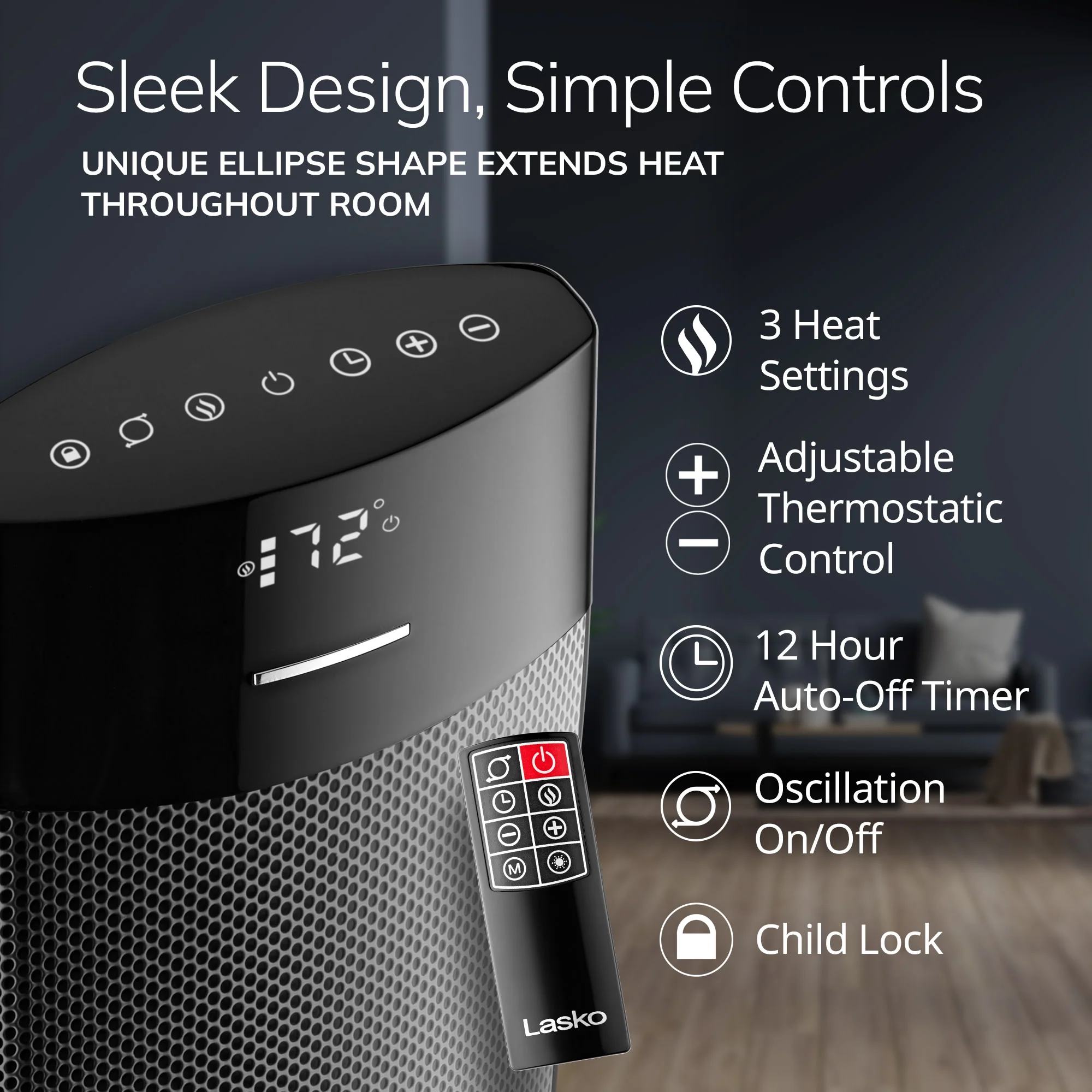 Lasko CT24950 Ellipse 24" Tower Space Heater with Remote Control, Black - Image 3