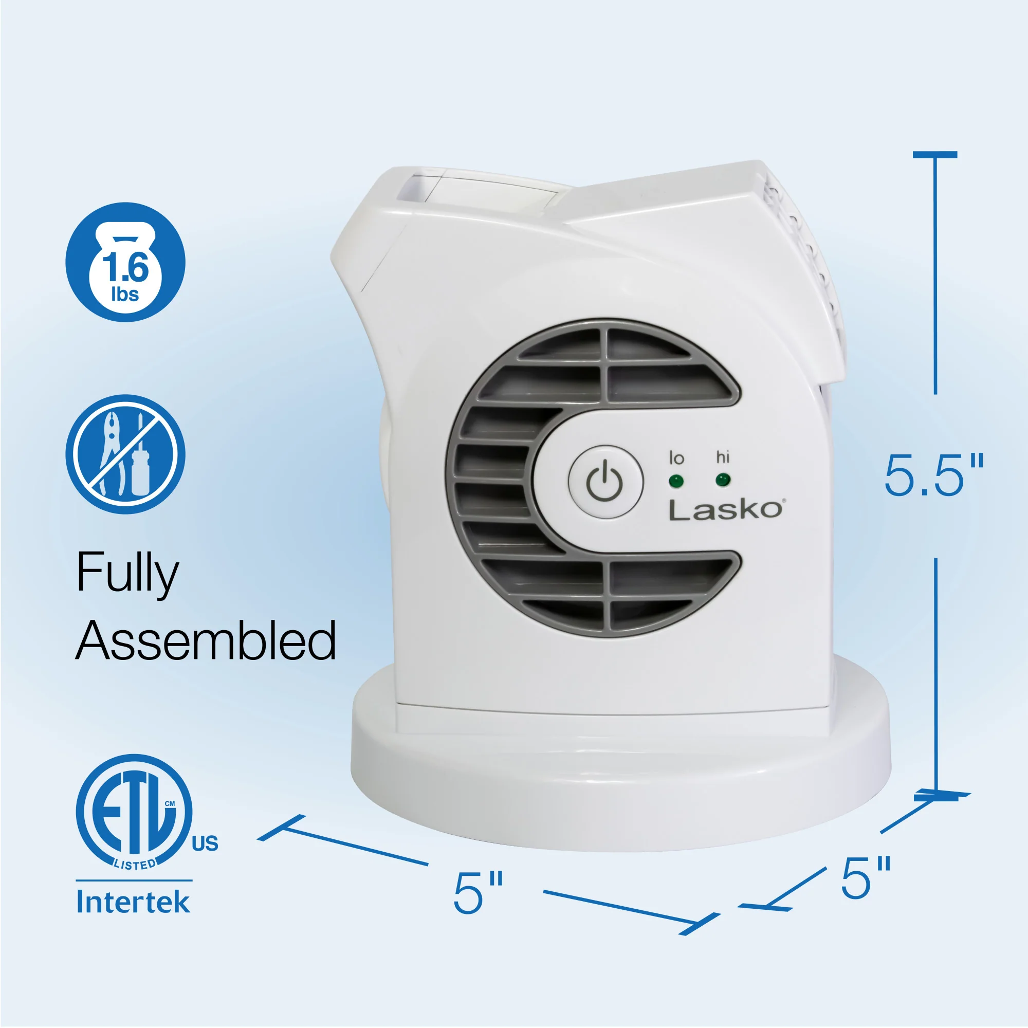 Lasko MyCool Mini USB 2- Speed Desk Fan with USB Cable and AC Adapter, D300, White - Image 5