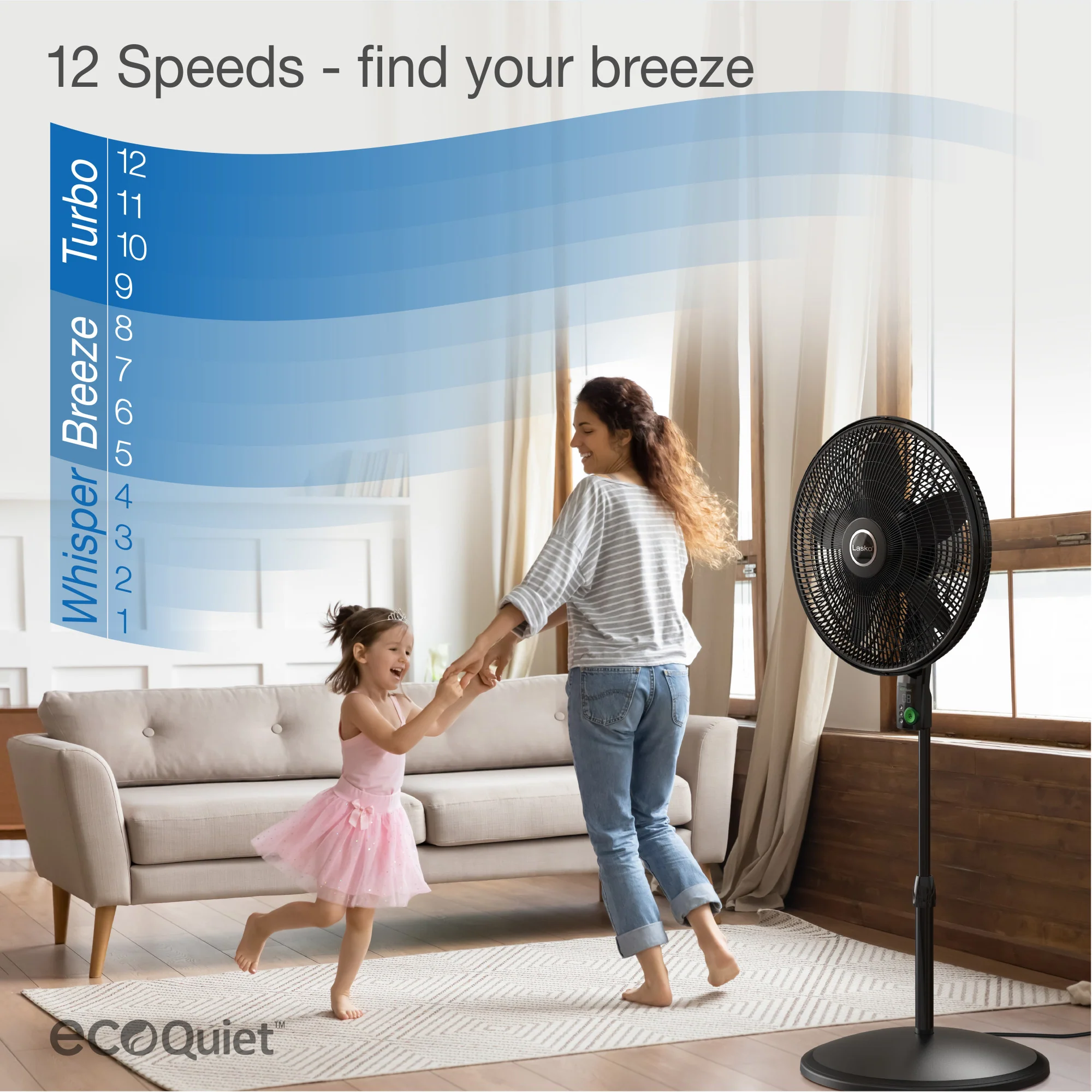Lasko WhisperForce™ 18" 4-speed EcoQuiet DC Motor Pedestal Fan with Remote & Timer (black, model S18708) - Image 5