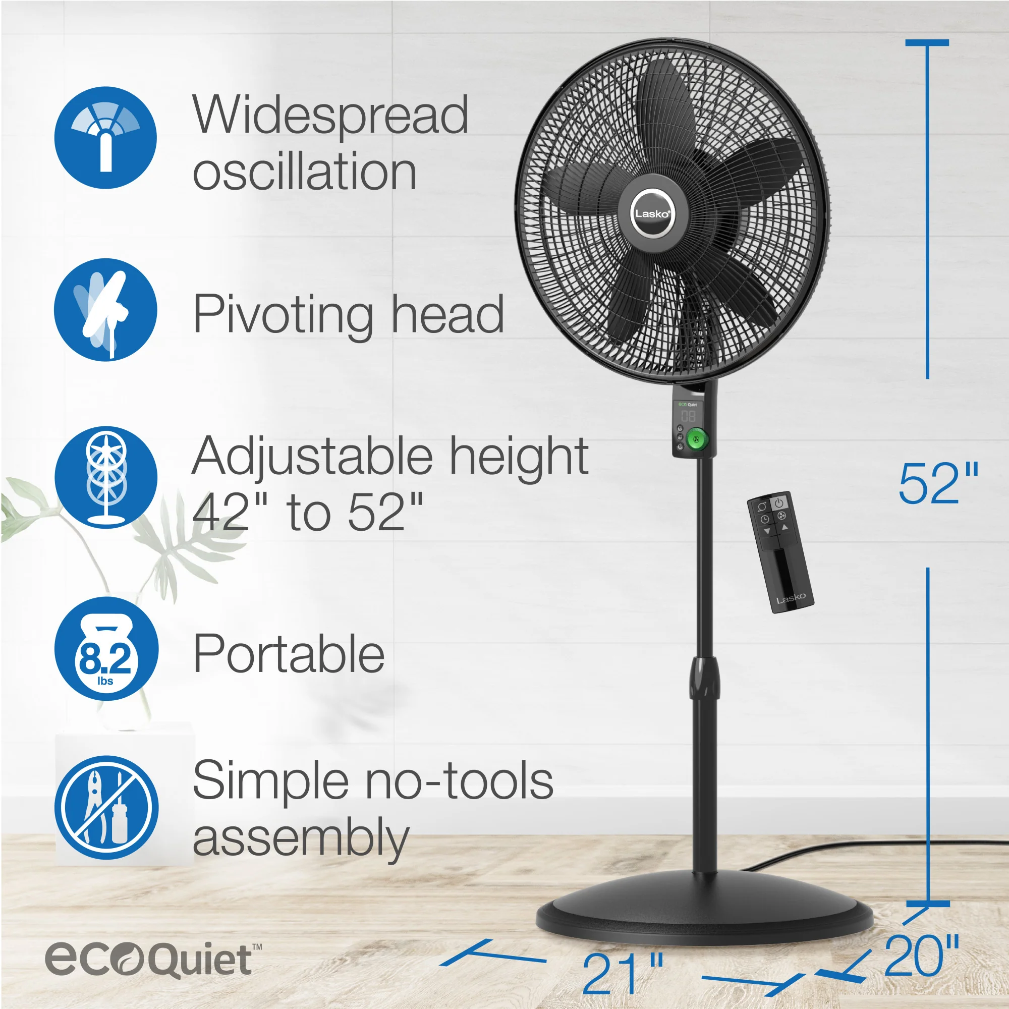 Lasko WhisperForce™ 18" 4-speed EcoQuiet DC Motor Pedestal Fan with Remote & Timer (black, model S18708) - Image 6
