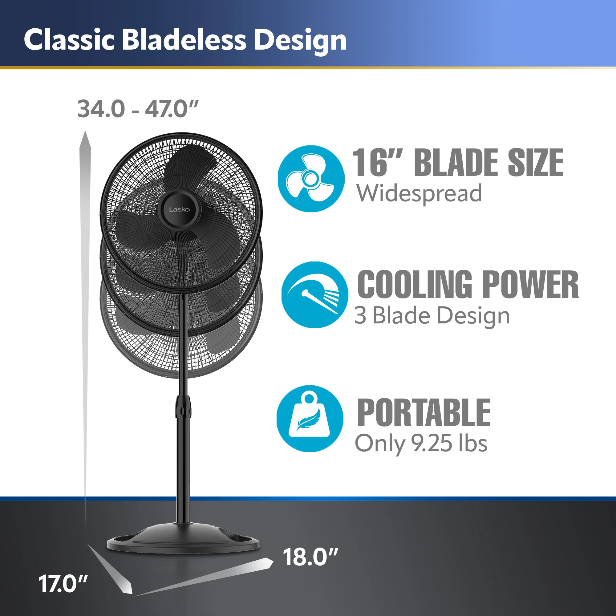 Lasko S16500 16" Oscillating 3 Speed Pedestal Fan: black - Image 4