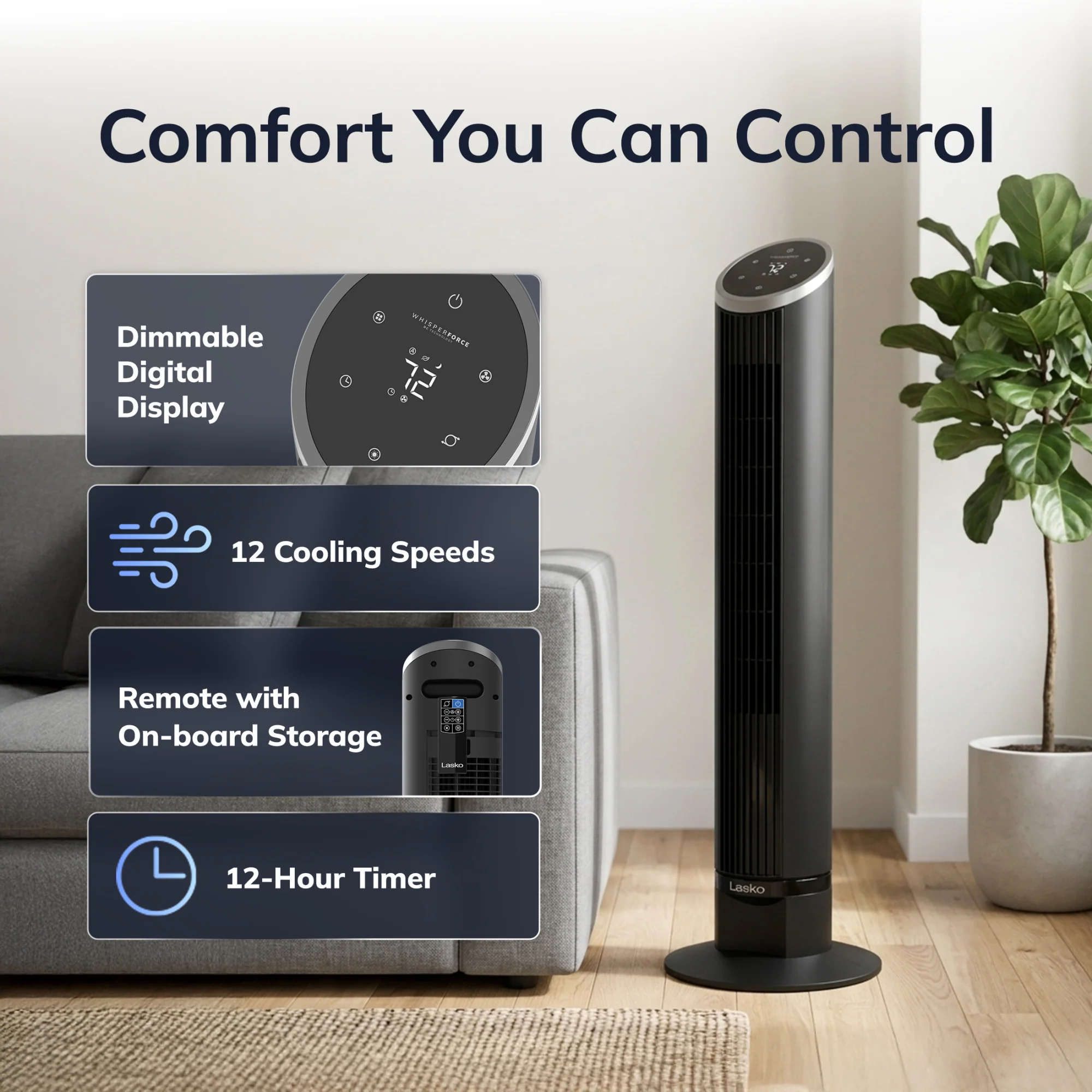 Lasko WhisperForce™ DC 36" Tower Fan (12-speed, remote, timer, air filtration, black) - Image 6