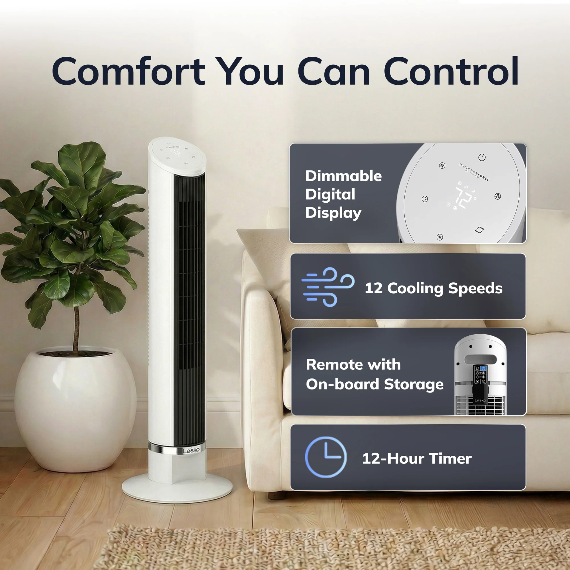 Lasko WhisperForce™ DC 36" Tower Fan (12-speed, remote, timer, air filtration, white) - Image 6
