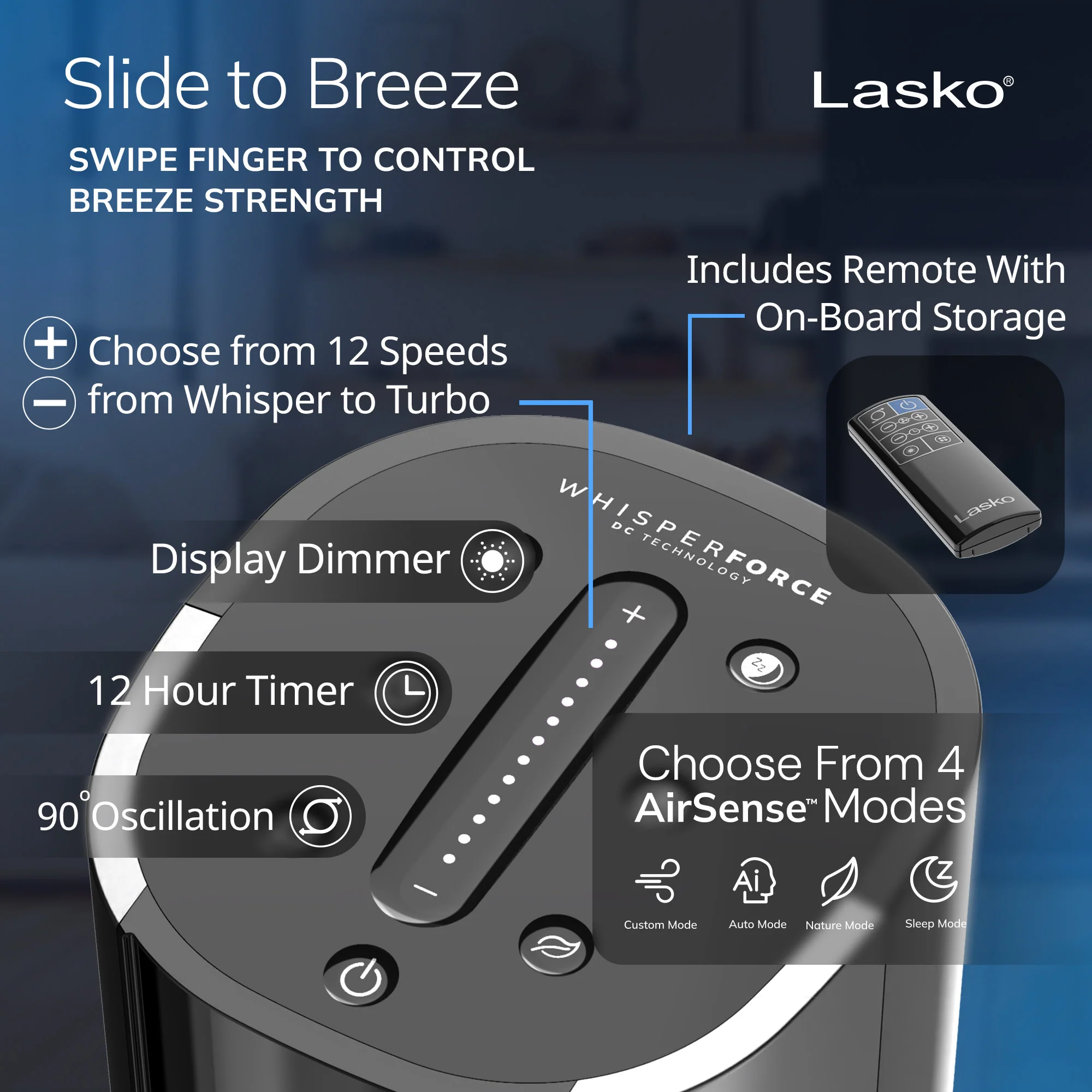 Lasko WhisperForce™ DC 40" Tower Fan (12-speed, remote, timer, air filtration, black) - Image 9