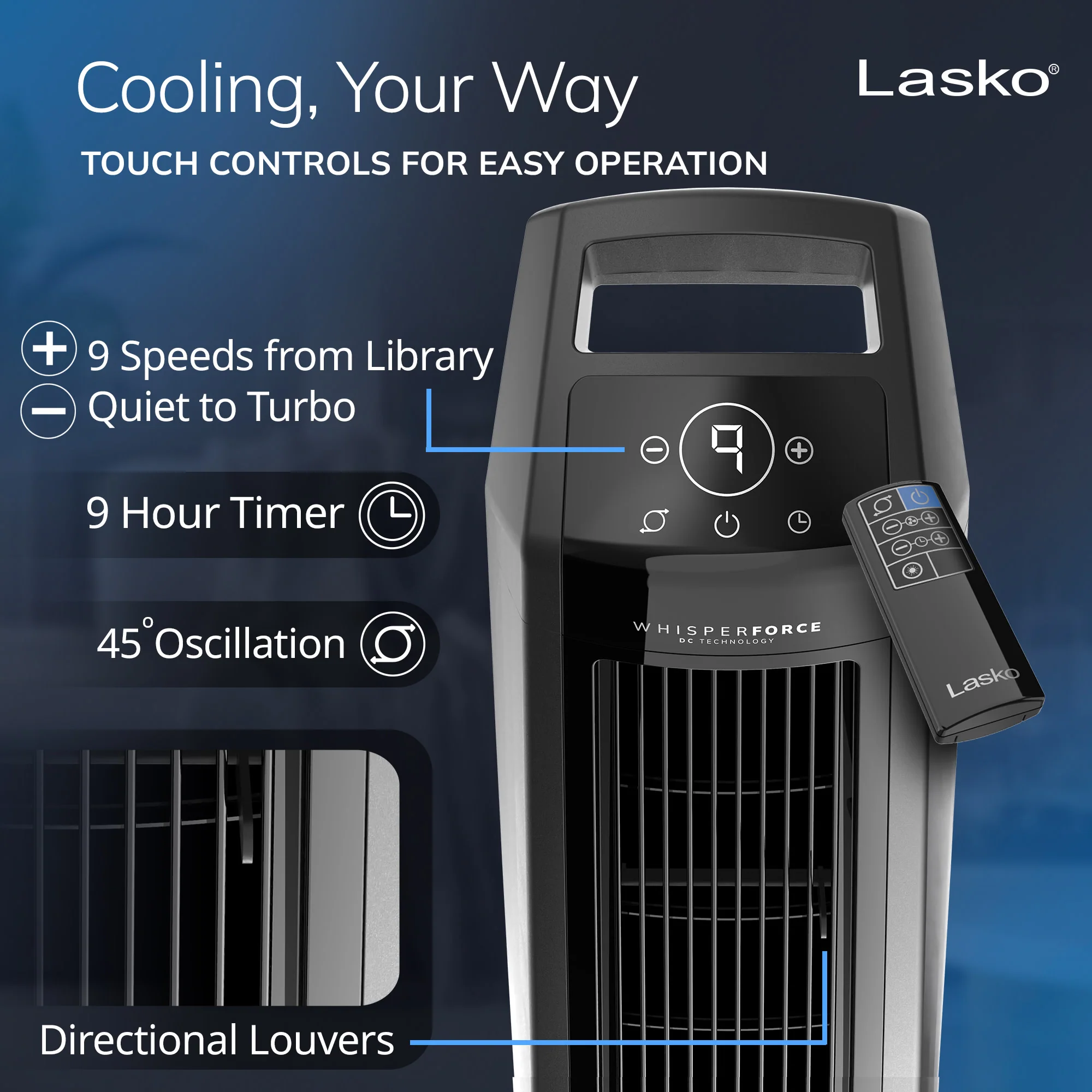 Lasko High Velocity WhisperForce™ DC 35" (9-speed, remote, timer, black) - Image 4