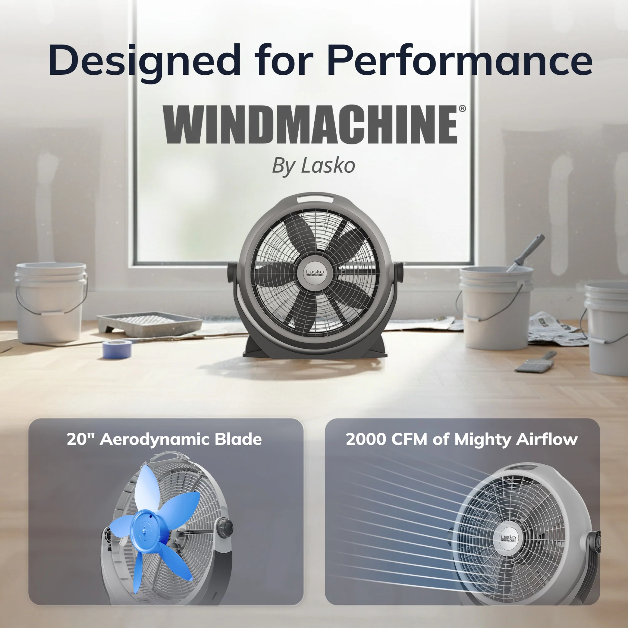 Lasko Wind Machine® 20" Air Circulator Floor Fan (3-speed, manual, 360° airflow, gray) - Image 4